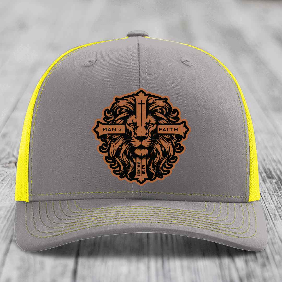 Man of Faith - Leather Patch Hat - Rawhide to Black Patch - Richardson 112 Snapback Trucker Hat