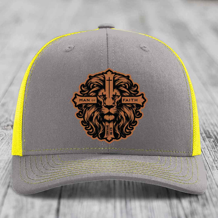 Man of Faith - Leather Patch Hat - Rawhide to Black Patch - Richardson 112 Snapback Trucker Hat