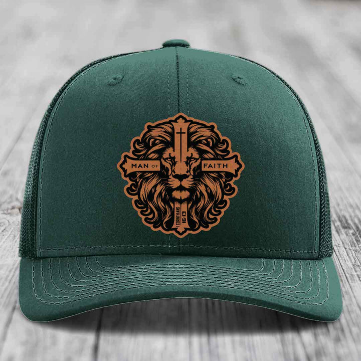 Man of Faith - Leather Patch Hat - Rawhide to Black Patch - Richardson 112 Snapback Trucker Hat
