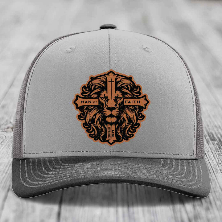 Man of Faith - Leather Patch Hat - Rawhide to Black Patch - Richardson 112 Snapback Trucker Hat