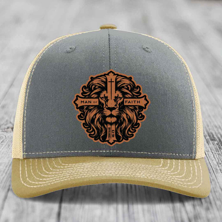 Man of Faith - Leather Patch Hat - Rawhide to Black Patch - Richardson 112 Snapback Trucker Hat