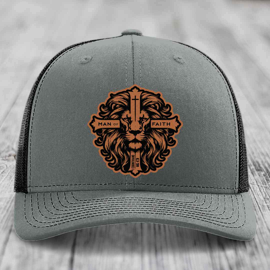 Man of Faith - Leather Patch Hat - Rawhide to Black Patch - Richardson 112 Snapback Trucker Hat