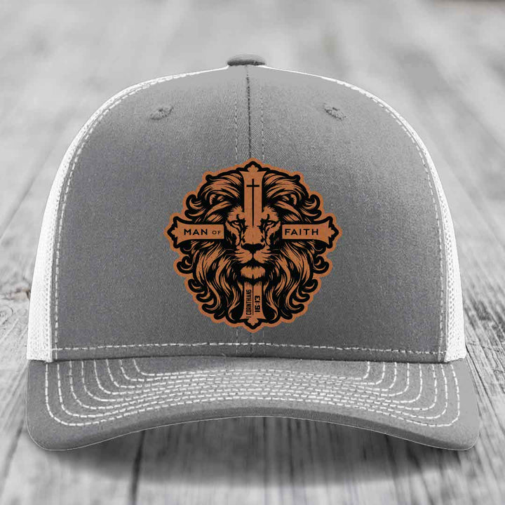 Man of Faith - Leather Patch Hat - Rawhide to Black Patch - Richardson 112 Snapback Trucker Hat