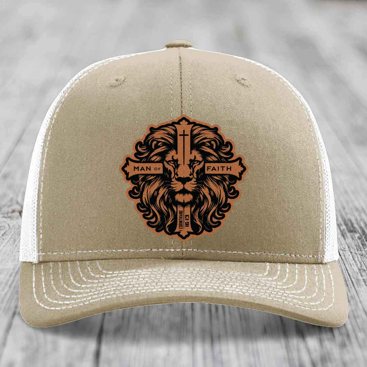 Man of Faith - Leather Patch Hat - Rawhide to Black Patch - Richardson 112 Snapback Trucker Hat