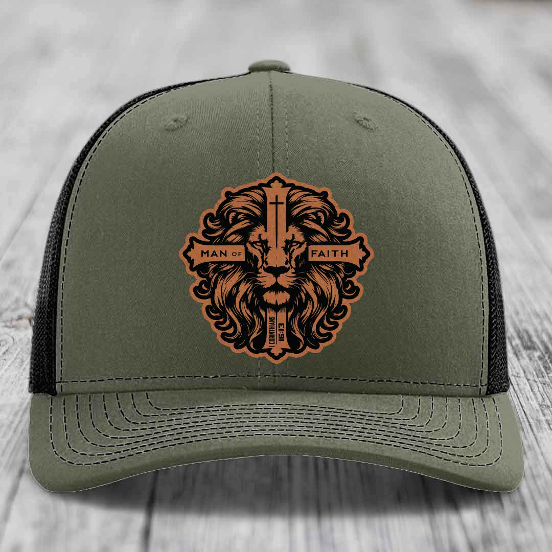 Man of Faith - Leather Patch Hat - Rawhide to Black Patch - Richardson 112 Snapback Trucker Hat