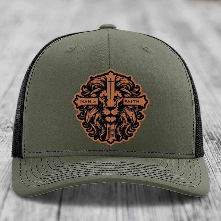 Man of Faith - Leather Patch Hat - Rawhide to Black Patch - Richardson 112 Snapback Trucker Hat
