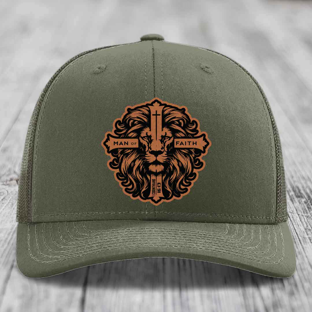 Man of Faith - Leather Patch Hat - Rawhide to Black Patch - Richardson 112 Snapback Trucker Hat
