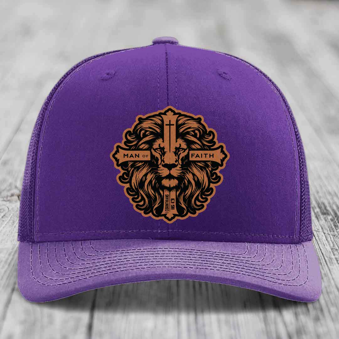 Man of Faith - Leather Patch Hat - Rawhide to Black Patch - Richardson 112 Snapback Trucker Hat