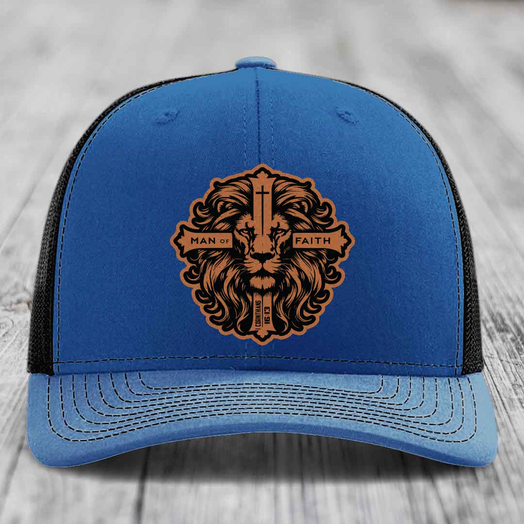 Man of Faith - Leather Patch Hat - Rawhide to Black Patch - Richardson 112 Snapback Trucker Hat