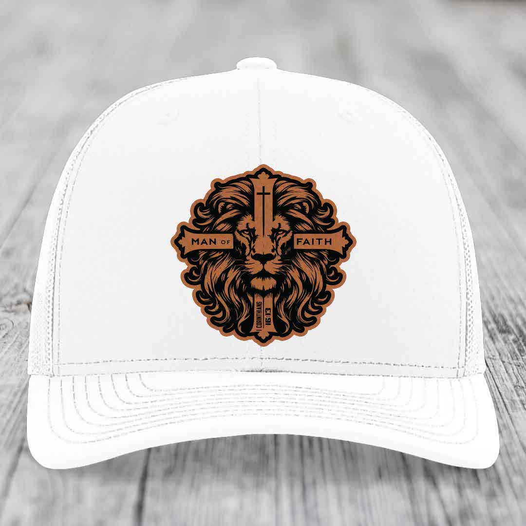 Man of Faith - Leather Patch Hat - Rawhide to Black Patch - Richardson 112 Snapback Trucker Hat