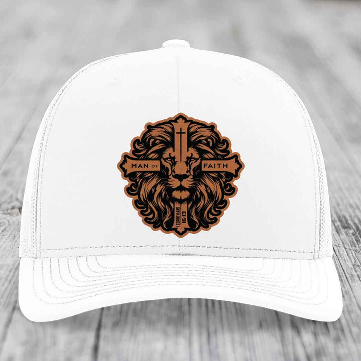Man of Faith - Leather Patch Hat - Rawhide to Black Patch - Richardson 112 Snapback Trucker Hat