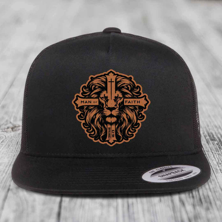 Man of Faith - Leather Patch Hat - Rawhide to Black Patch - Yupoong 6006 Snapback Flatbill Hat