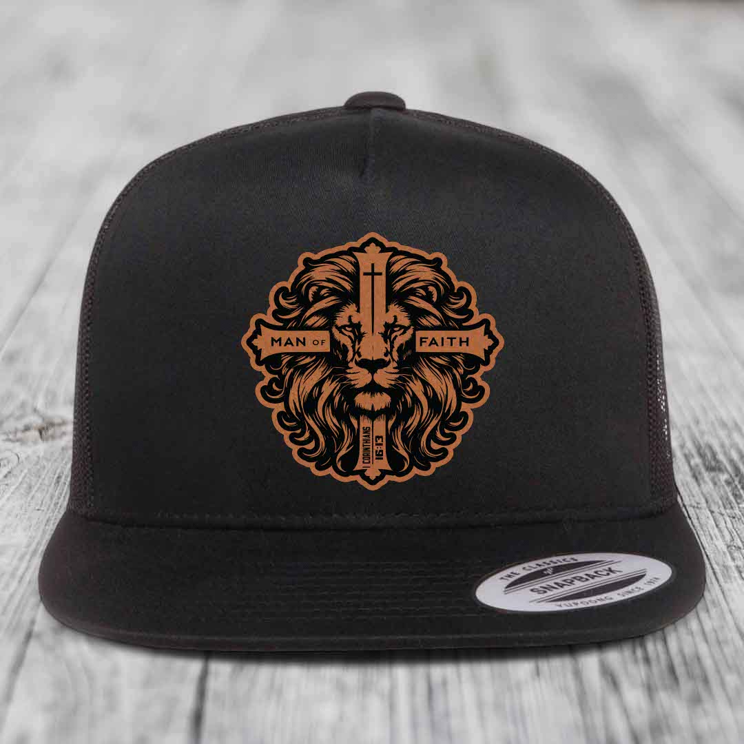 Black snapback hat with brown lion and cross patch reading &