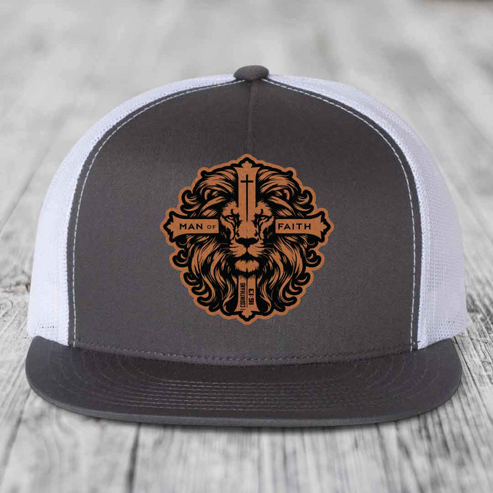 Man of Faith - Leather Patch Hat - Rawhide to Black Patch - Yupoong 6006 Snapback Flatbill Hat