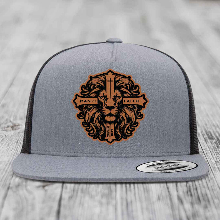 Man of Faith - Leather Patch Hat - Rawhide to Black Patch - Yupoong 6006 Snapback Flatbill Hat