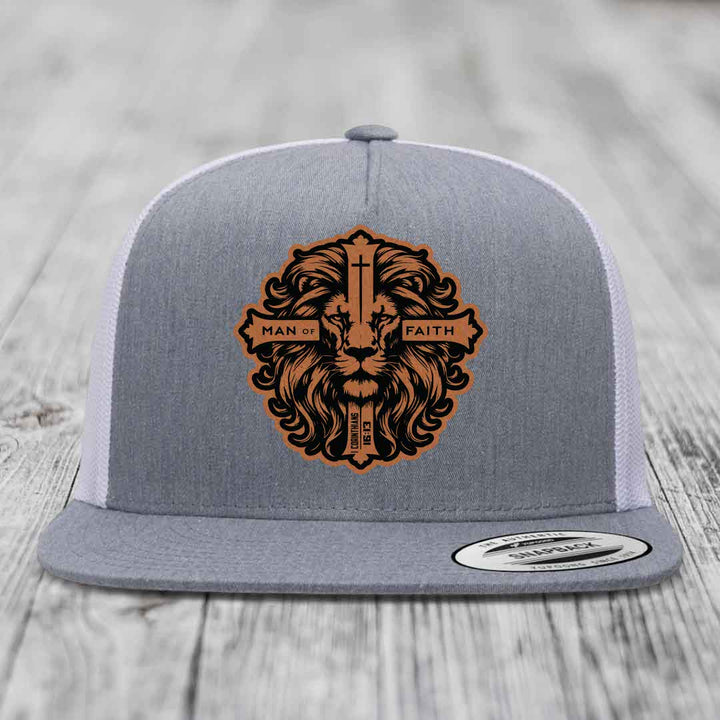 Man of Faith - Leather Patch Hat - Rawhide to Black Patch - Yupoong 6006 Snapback Flatbill Hat