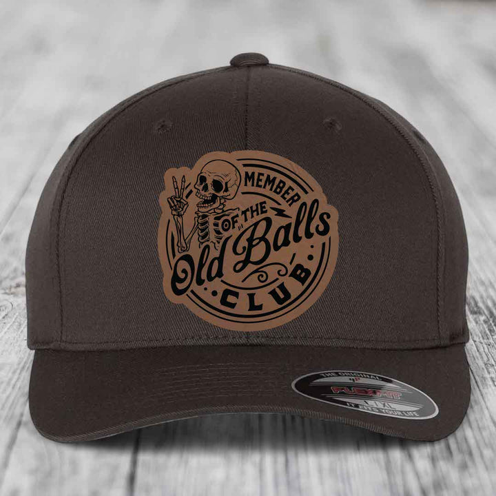 Member of the Old Balls Club - Leather Patch Hat - Dark Brown to Black Patch - Flexfit 6277 Fitted Hat