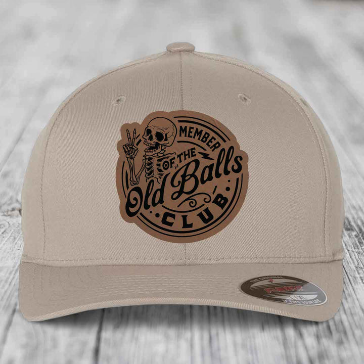 Member of the Old Balls Club - Leather Patch Hat - Dark Brown to Black Patch - Flexfit 6277 Fitted Hat