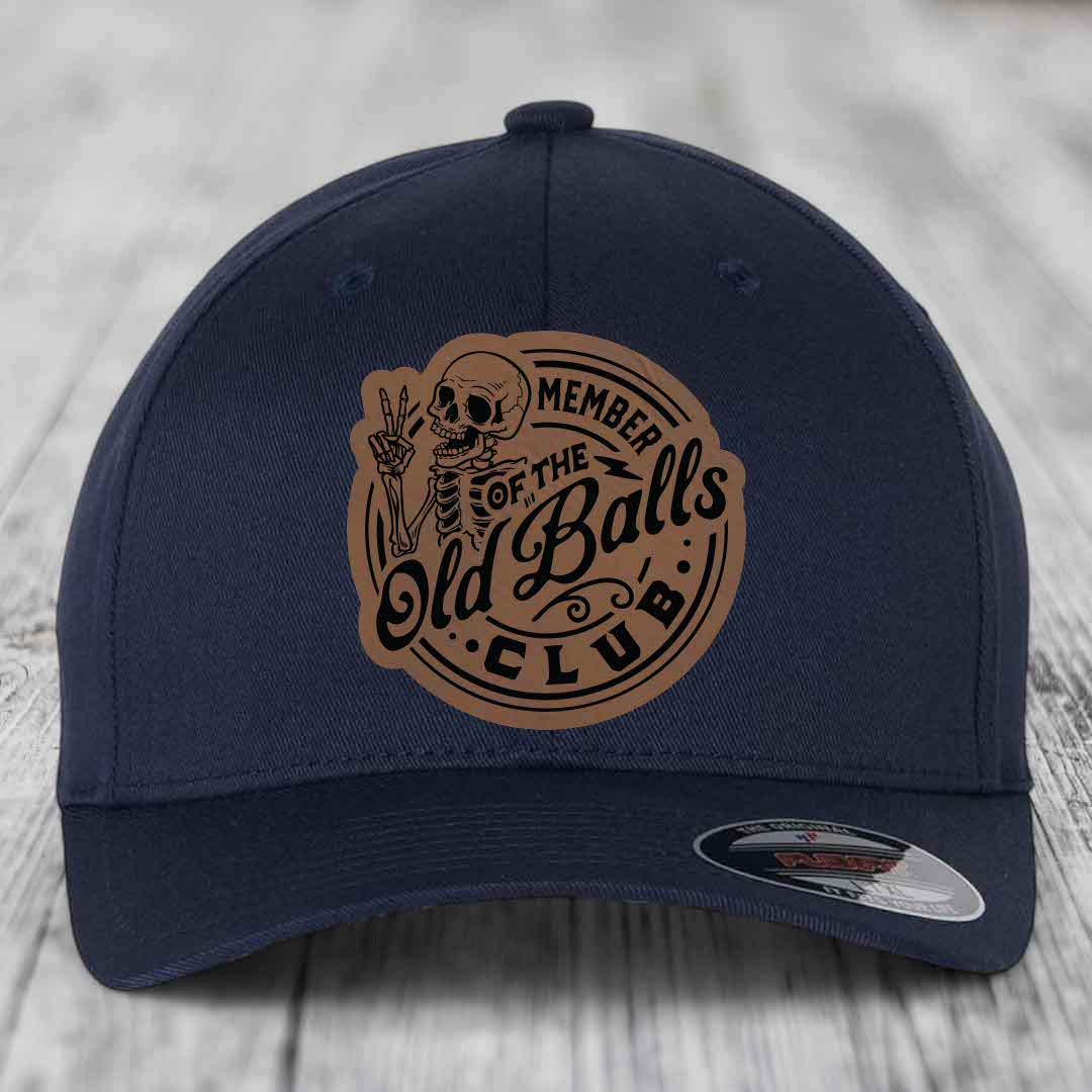 Member of the Old Balls Club - Leather Patch Hat - Dark Brown to Black Patch - Flexfit 6277 Fitted Hat