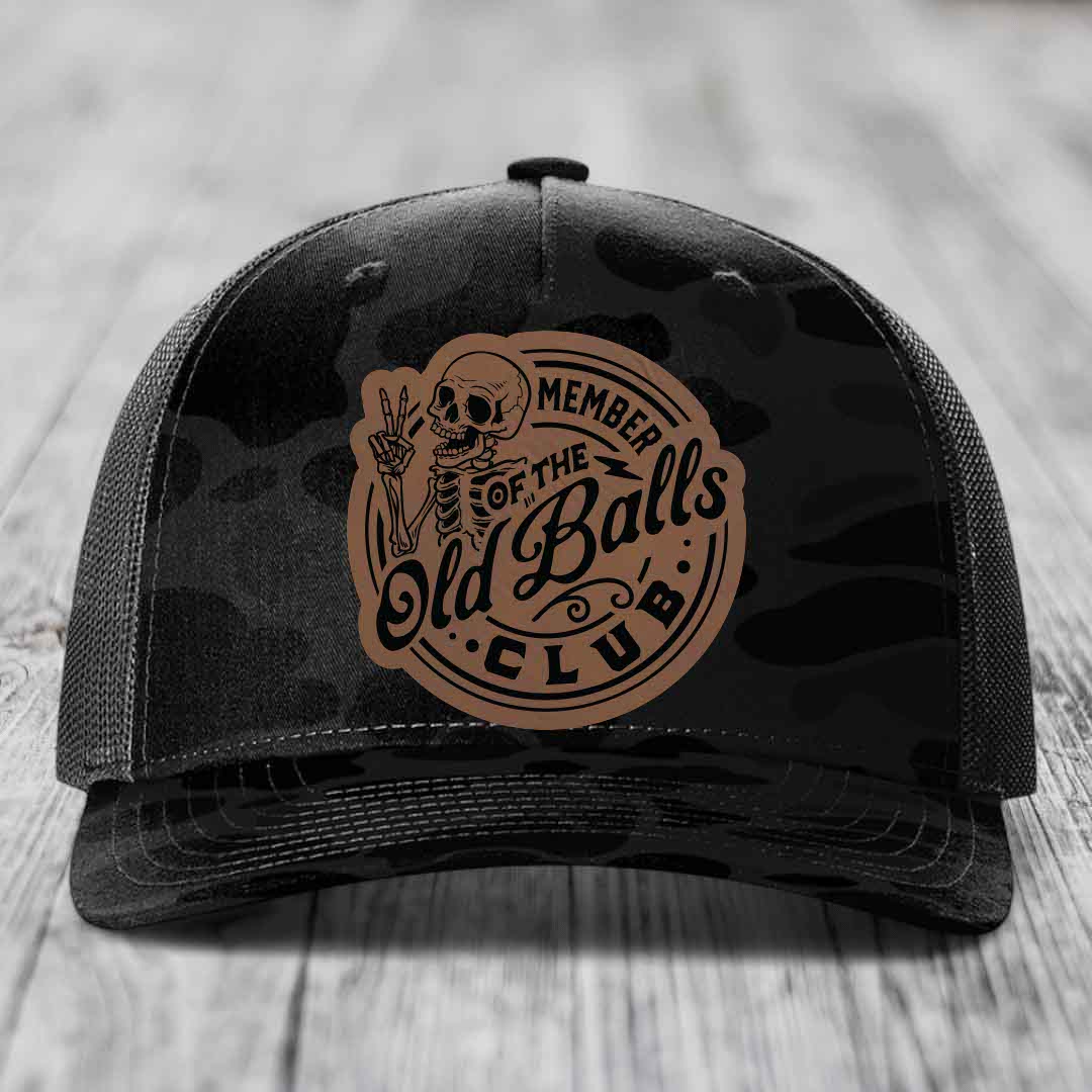 Member of the Old Balls Club - Leather Patch Hat - Dark Brown to Black Patch - Richardson 112PFP Snapback Trucker Hat