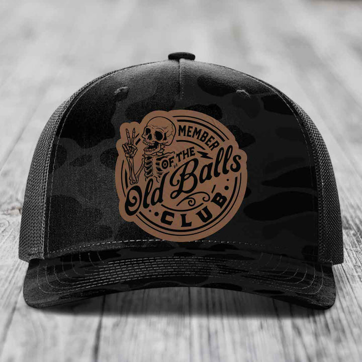 Member of the Old Balls Club - Leather Patch Hat - Dark Brown to Black Patch - Richardson 112PFP Snapback Trucker Hat