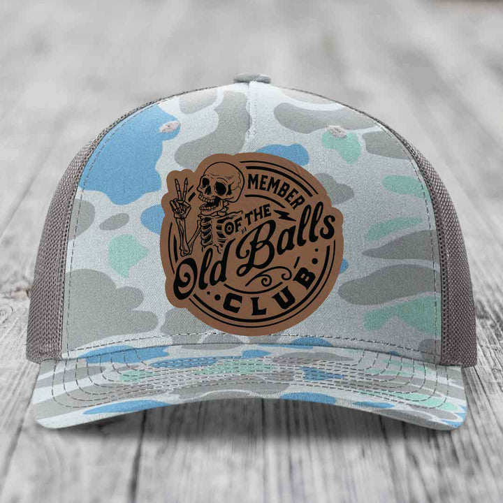 Member of the Old Balls Club - Leather Patch Hat - Dark Brown to Black Patch - Richardson 112PFP Snapback Trucker Hat