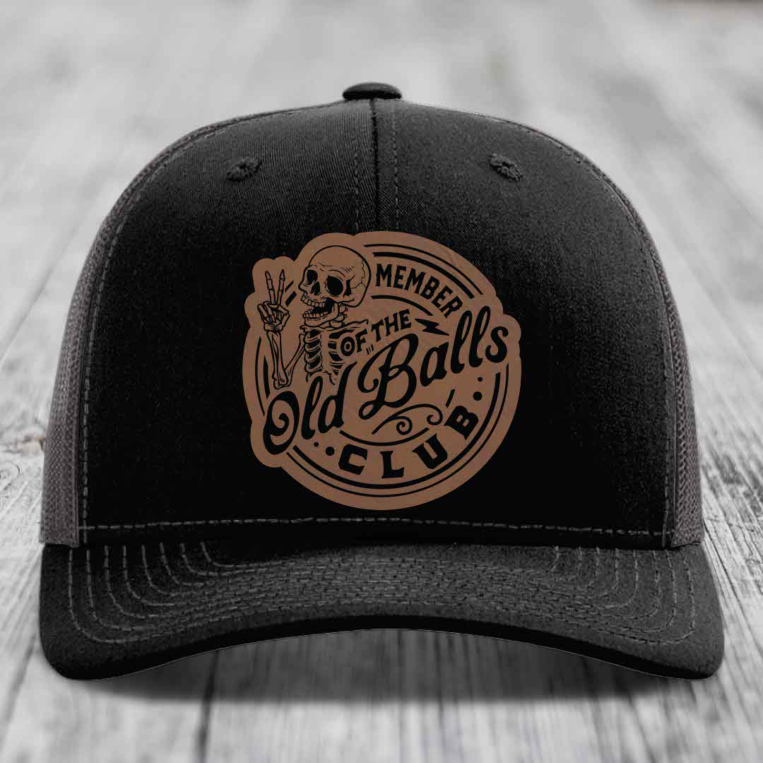 Member of the Old Balls Club - Leather Patch Hat - Dark Brown to Black Patch - Richardson 112 Snapback Trucker Hat