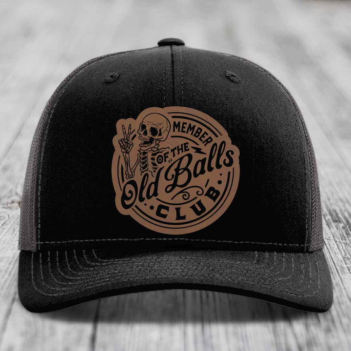 Member of the Old Balls Club - Leather Patch Hat - Dark Brown to Black Patch - Richardson 112 Snapback Trucker Hat