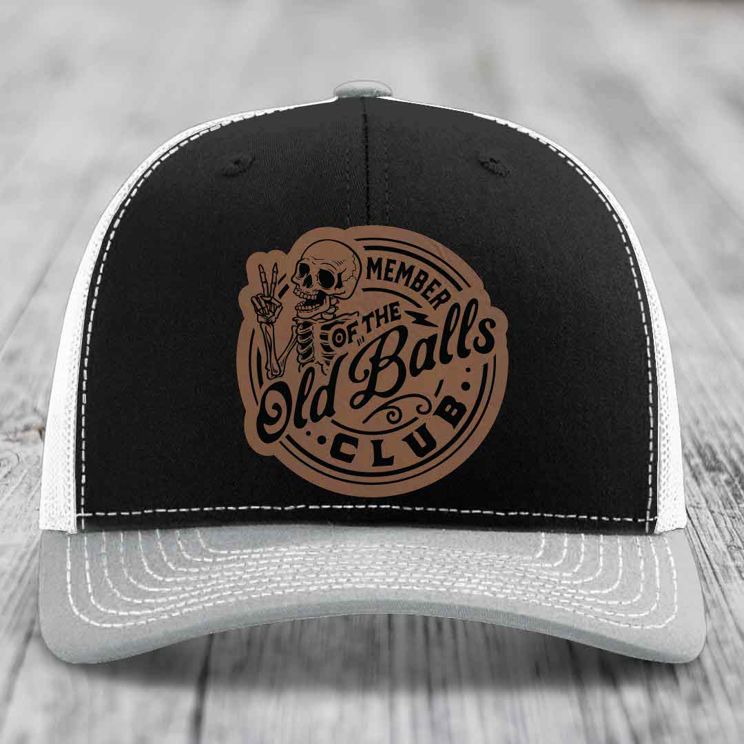 Member of the Old Balls Club - Leather Patch Hat - Dark Brown to Black Patch - Richardson 112 Snapback Trucker Hat