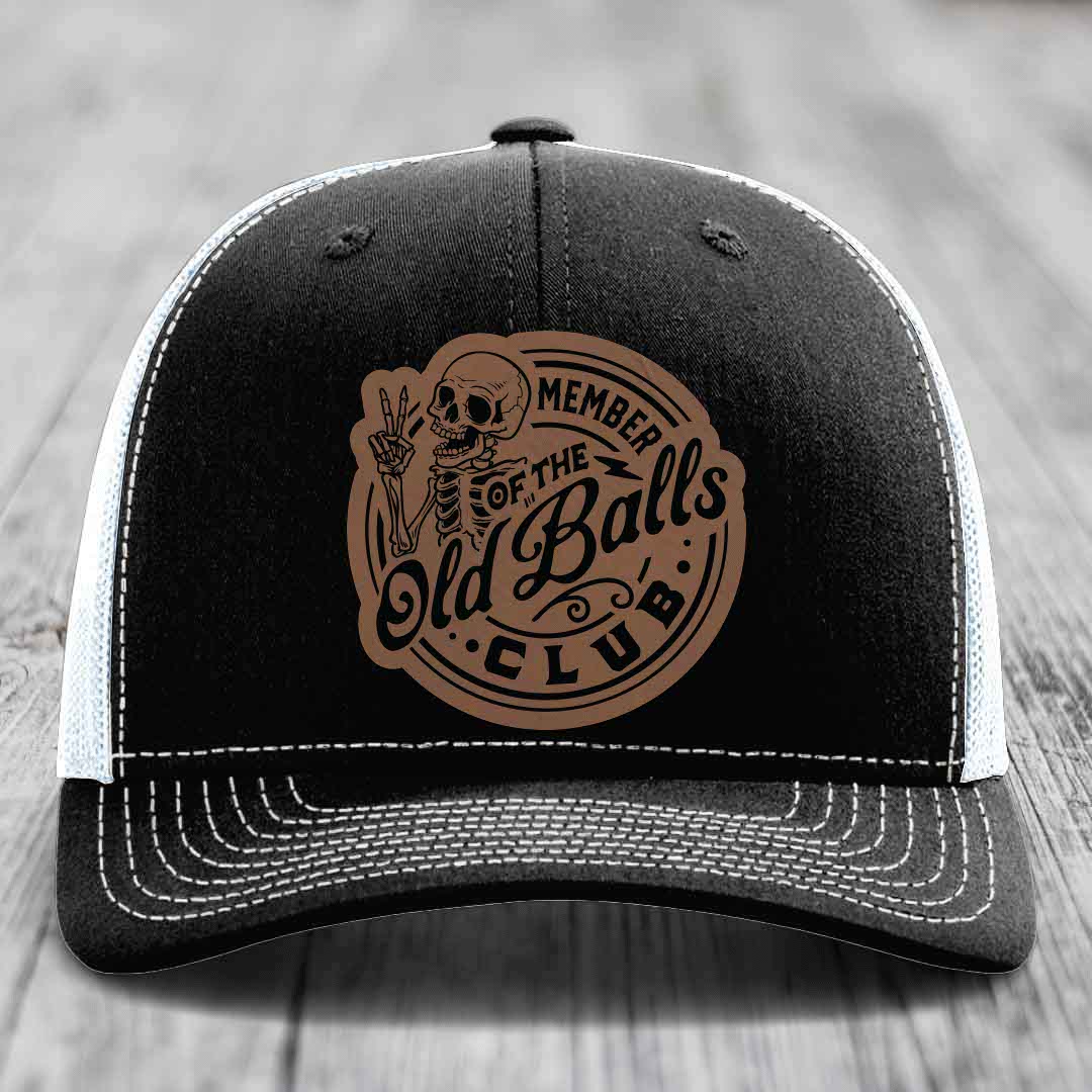 Member of the Old Balls Club - Leather Patch Hat - Dark Brown to Black Patch - Richardson 112 Snapback Trucker Hat