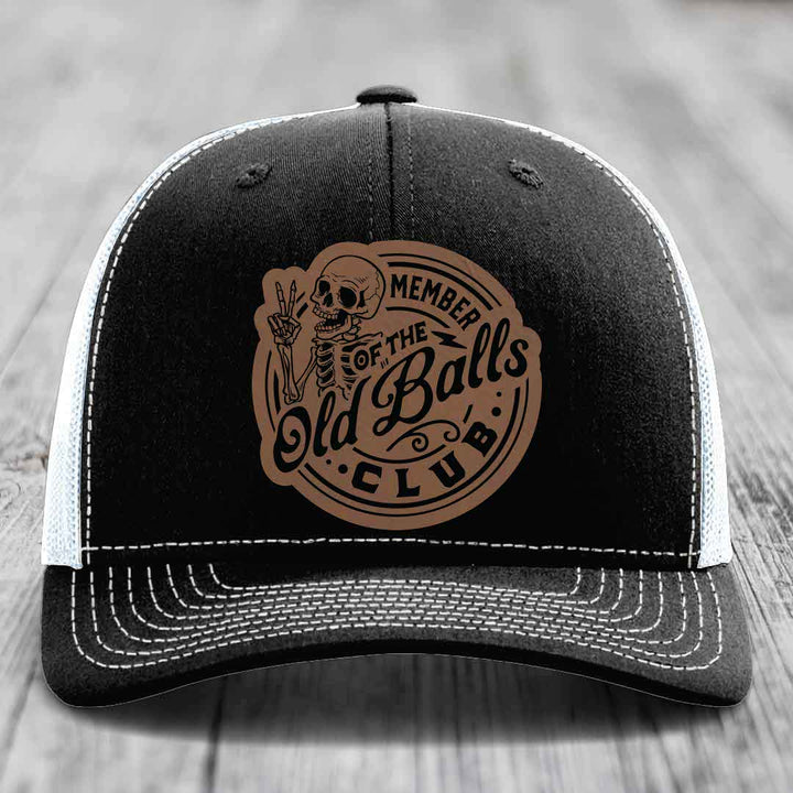 Member of the Old Balls Club - Leather Patch Hat - Dark Brown to Black Patch - Richardson 112 Snapback Trucker Hat