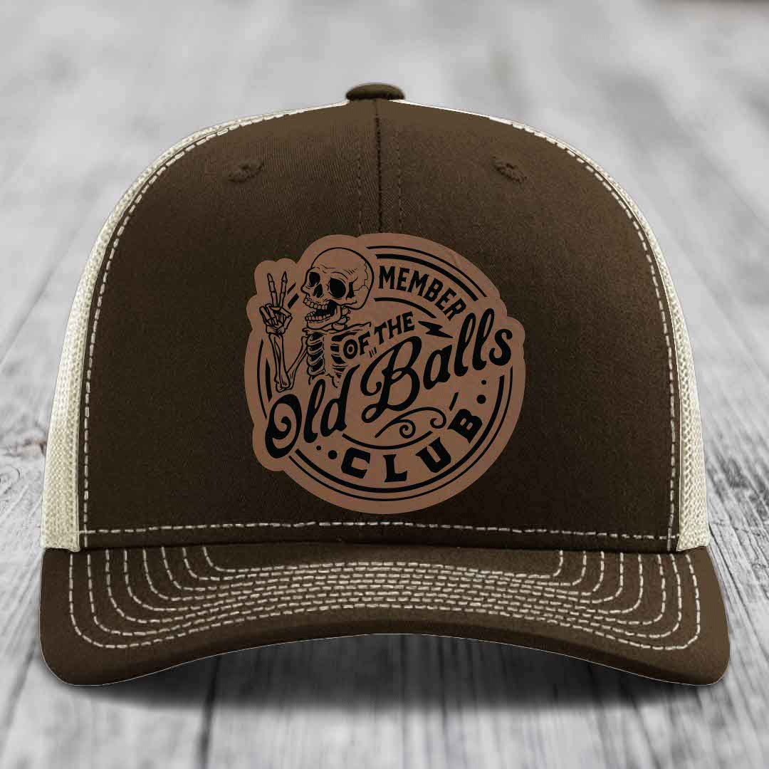 Member of the Old Balls Club - Leather Patch Hat - Dark Brown to Black Patch - Richardson 112 Snapback Trucker Hat