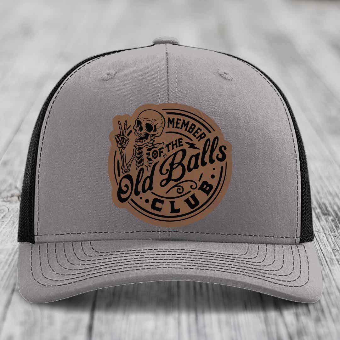 Member of the Old Balls Club - Leather Patch Hat - Dark Brown to Black Patch - Richardson 112 Snapback Trucker Hat