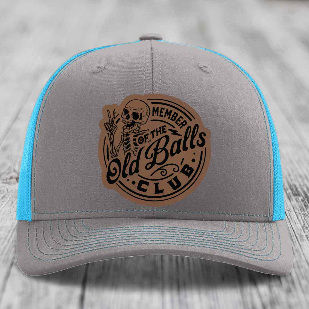 Member of the Old Balls Club - Leather Patch Hat - Dark Brown to Black Patch - Richardson 112 Snapback Trucker Hat