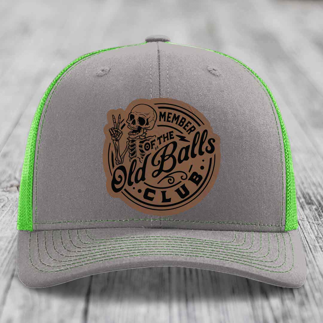 Member of the Old Balls Club - Leather Patch Hat - Dark Brown to Black Patch - Richardson 112 Snapback Trucker Hat