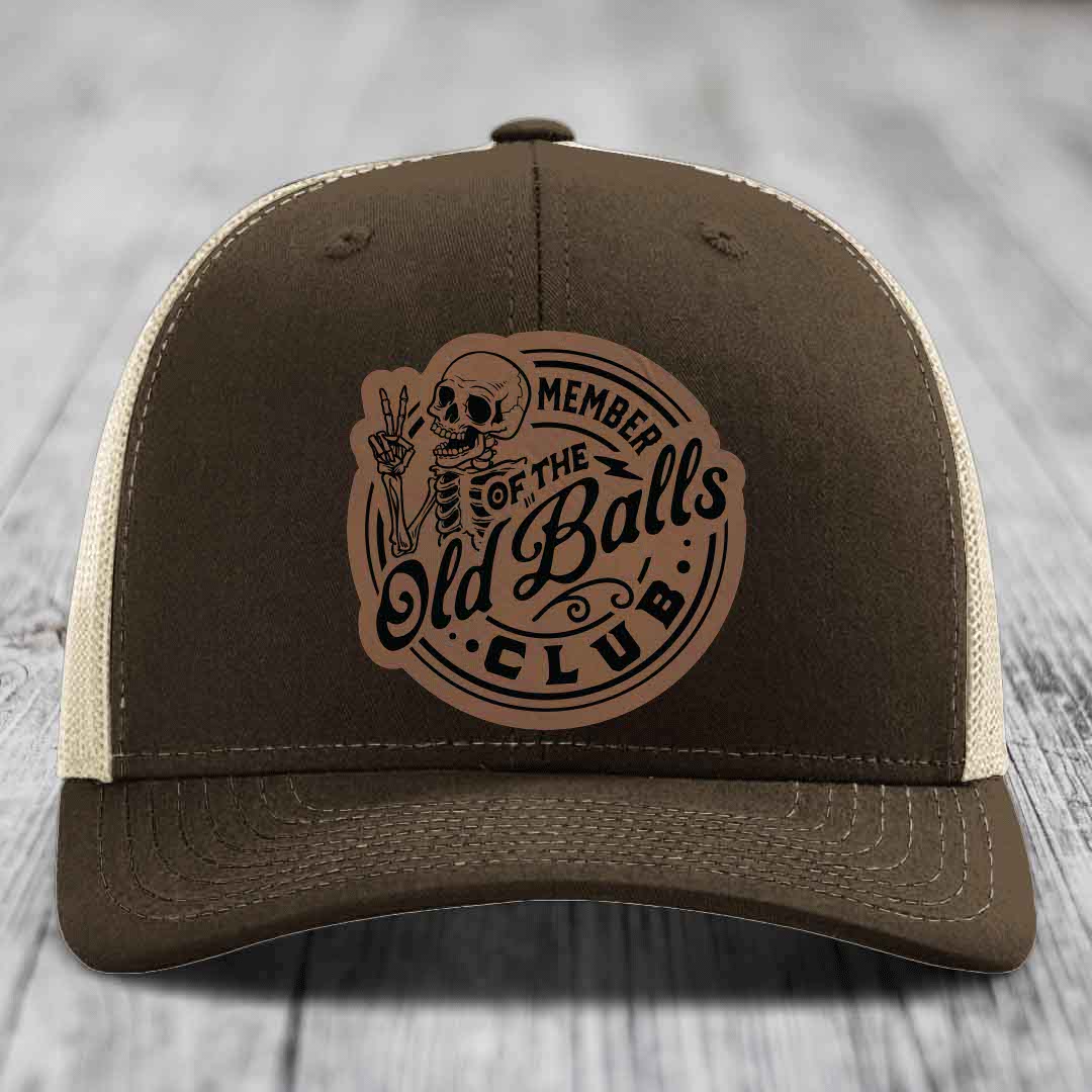 Member of the Old Balls Club - Leather Patch Hat - Dark Brown to Black Patch - Richardson 112 Snapback Trucker Hat