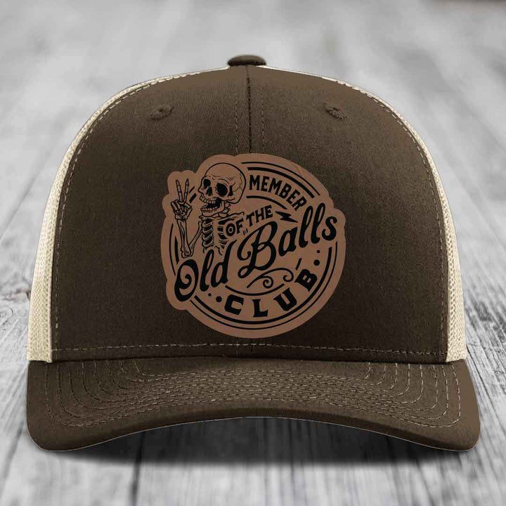 Member of the Old Balls Club - Leather Patch Hat - Dark Brown to Black Patch - Richardson 112 Snapback Trucker Hat