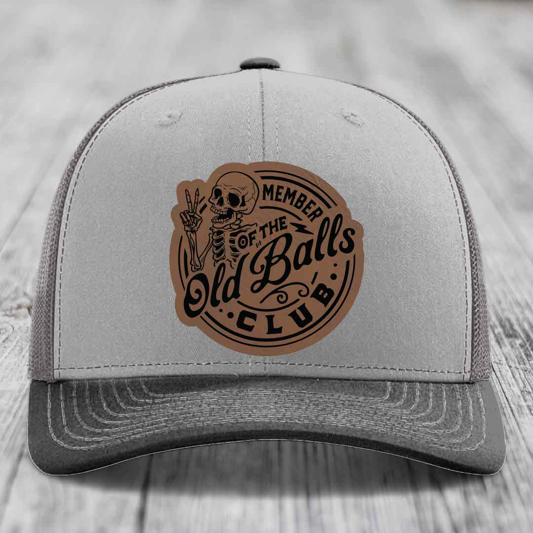 Member of the Old Balls Club - Leather Patch Hat - Dark Brown to Black Patch - Richardson 112 Snapback Trucker Hat