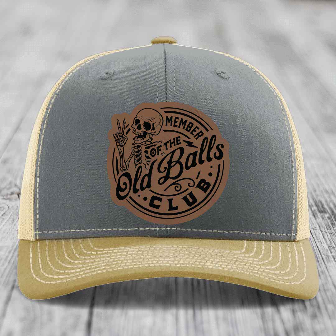 Member of the Old Balls Club - Leather Patch Hat - Dark Brown to Black Patch - Richardson 112 Snapback Trucker Hat