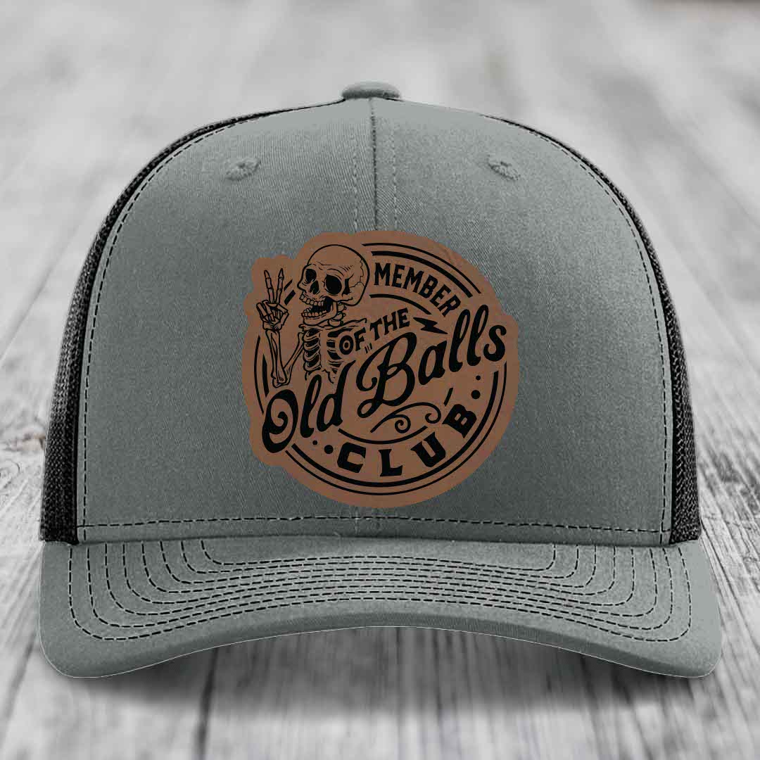 Member of the Old Balls Club - Leather Patch Hat - Dark Brown to Black Patch - Richardson 112 Snapback Trucker Hat
