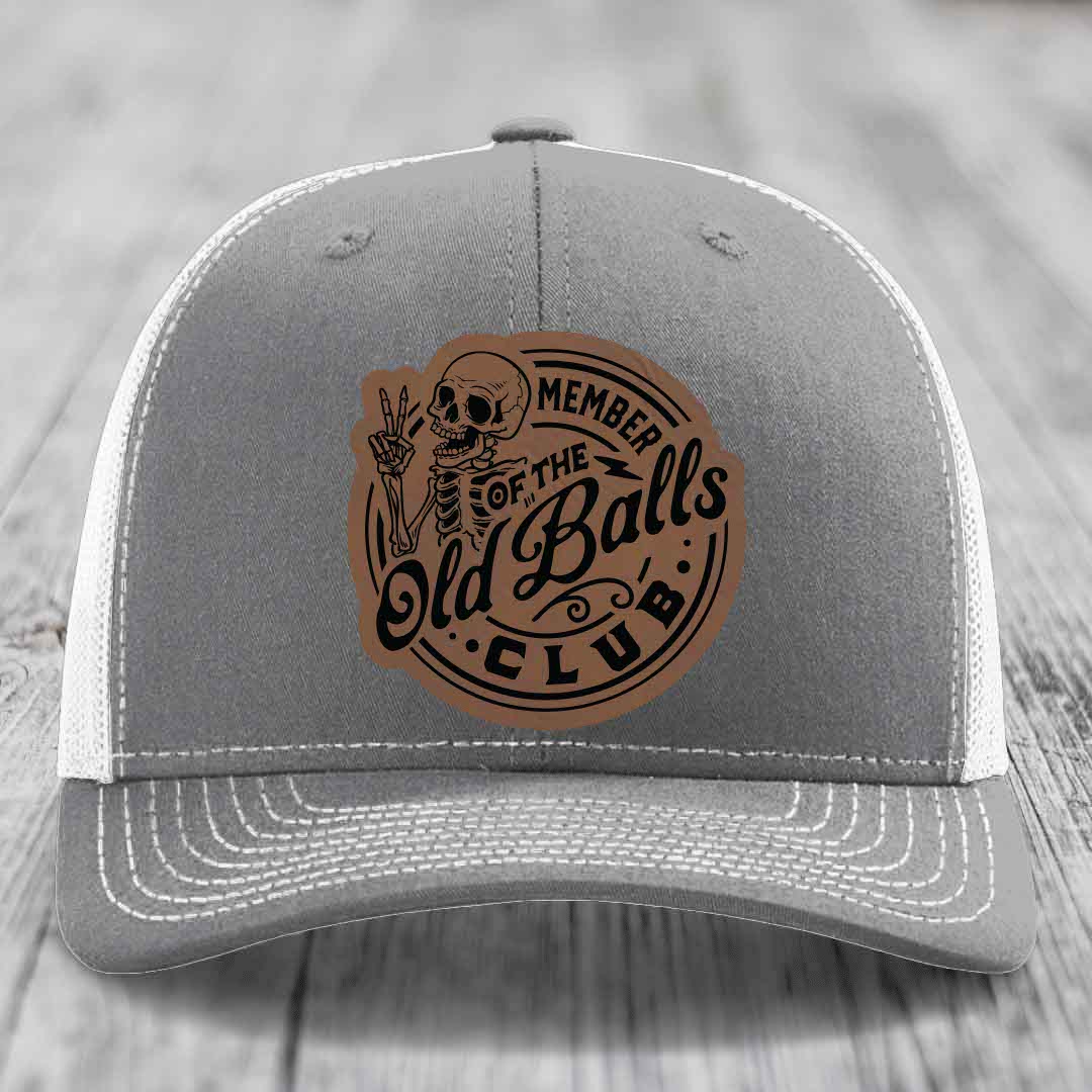 Member of the Old Balls Club - Leather Patch Hat - Dark Brown to Black Patch - Richardson 112 Snapback Trucker Hat