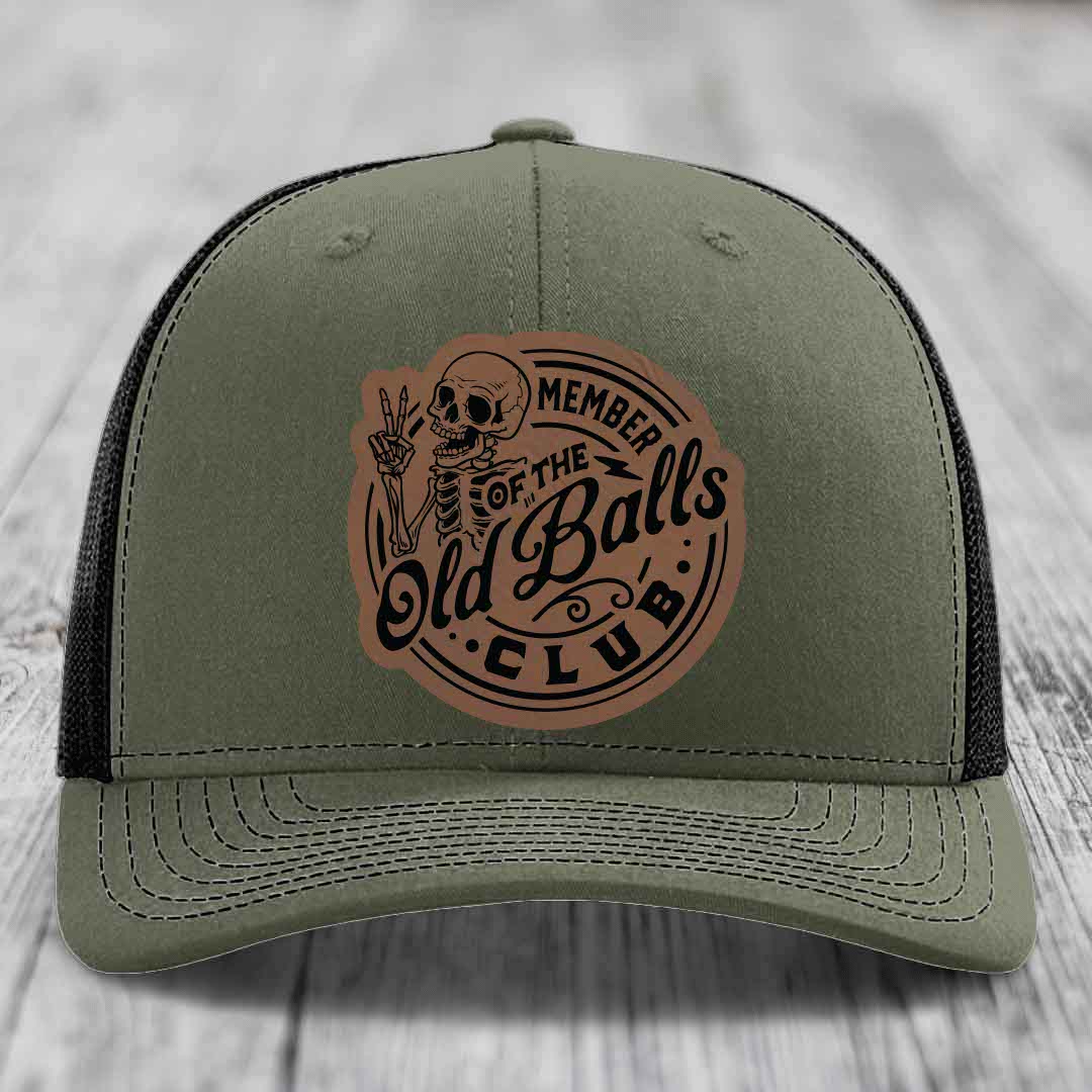 Member of the Old Balls Club - Leather Patch Hat - Dark Brown to Black Patch - Richardson 112 Snapback Trucker Hat