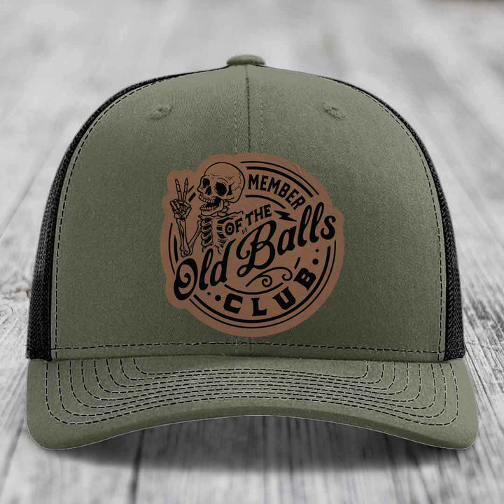 Member of the Old Balls Club - Leather Patch Hat - Dark Brown to Black Patch - Richardson 112 Snapback Trucker Hat