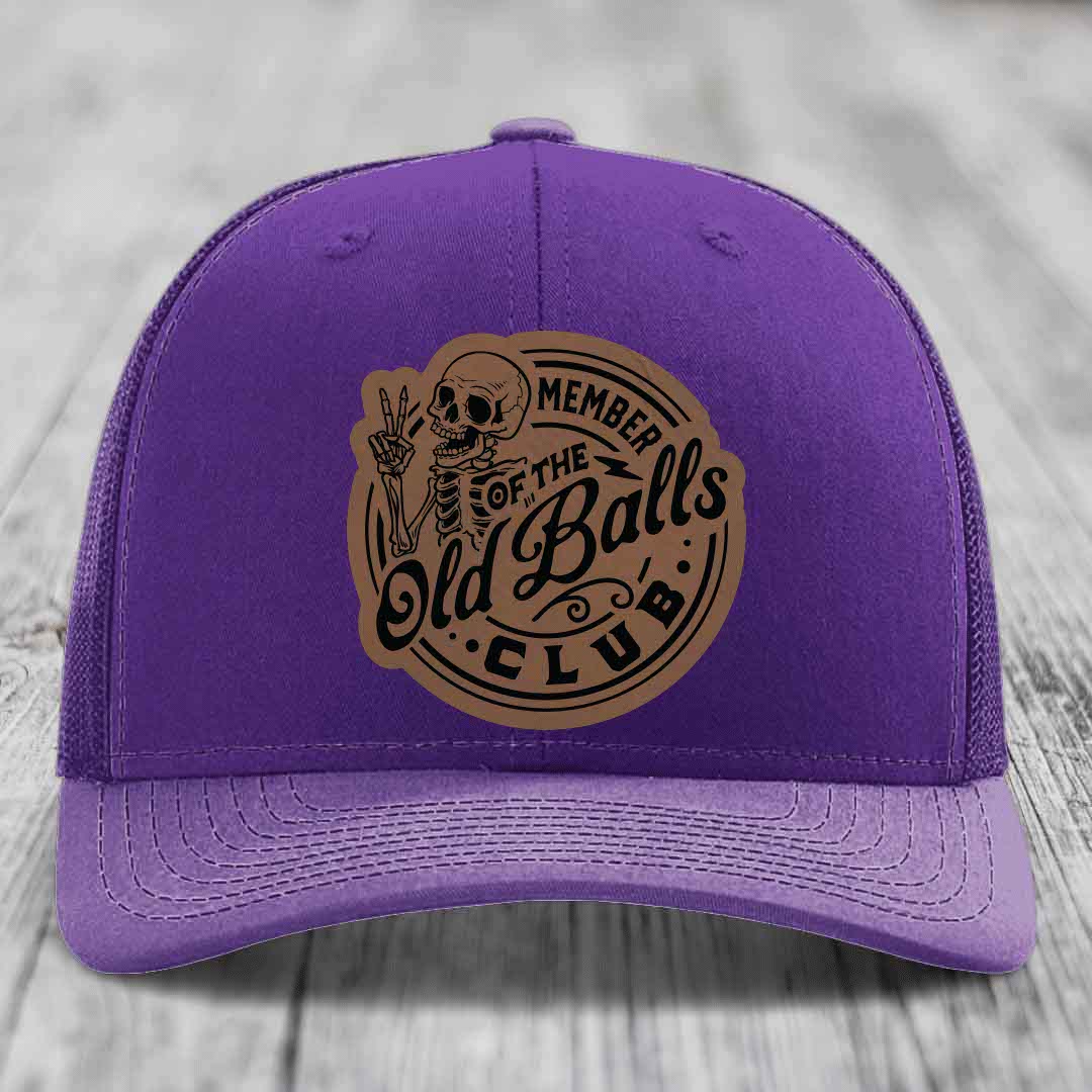 Member of the Old Balls Club - Leather Patch Hat - Dark Brown to Black Patch - Richardson 112 Snapback Trucker Hat