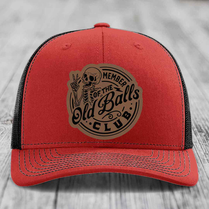 Member of the Old Balls Club - Leather Patch Hat - Dark Brown to Black Patch - Richardson 112 Snapback Trucker Hat
