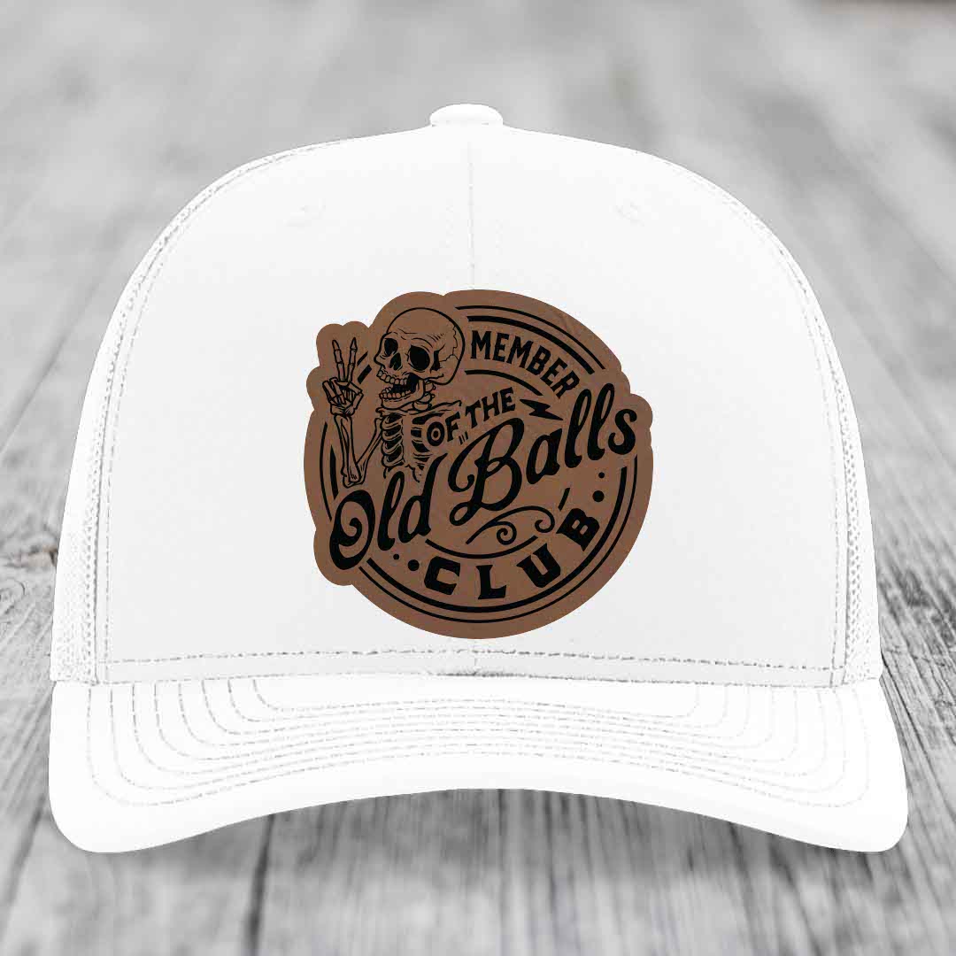 Member of the Old Balls Club - Leather Patch Hat - Dark Brown to Black Patch - Richardson 112 Snapback Trucker Hat