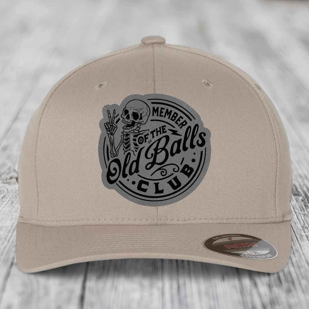 Member of the Old Balls Club - Leather Patch Hat - Grey to Black Patch - Flexfit 6277 Fitted Hat