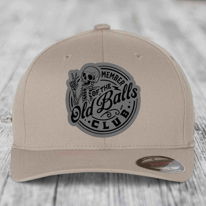 Member of the Old Balls Club - Leather Patch Hat - Grey to Black Patch - Flexfit 6277 Fitted Hat