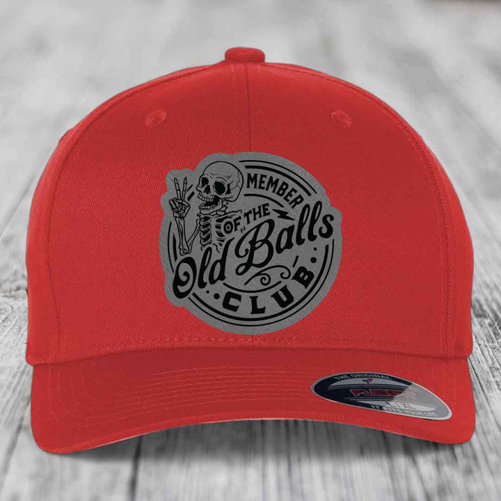 Member of the Old Balls Club - Leather Patch Hat - Grey to Black Patch - Flexfit 6277 Fitted Hat