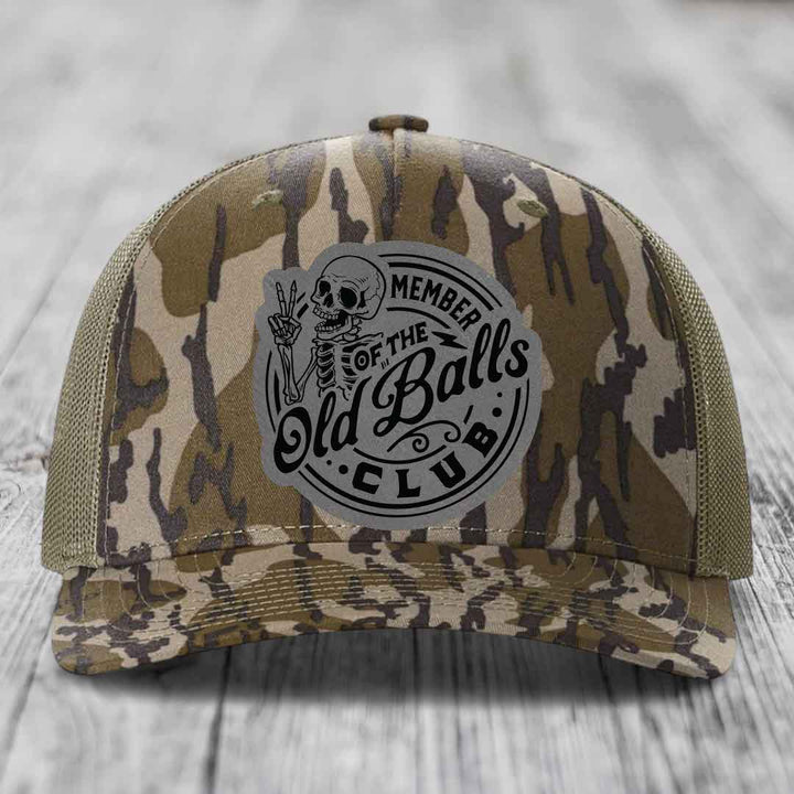 Member of the Old Balls Club - Leather Patch Hat - Grey to Black Patch - Richardson 112PFP Snapback Trucker Hat